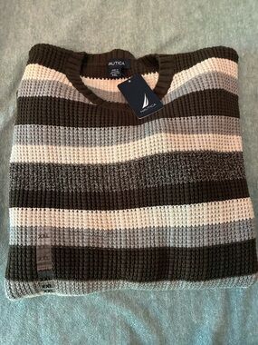 Nautica Men’s 100% cotton Striped Crewneck Sweater in Brown, Cream & Gray